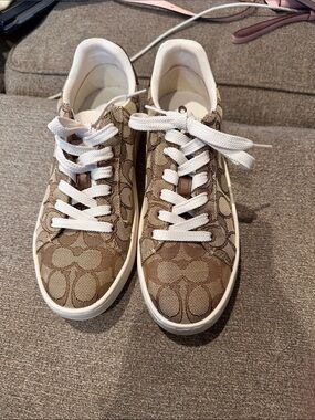 Coach Khaki Signature Canvas Low-Top Sneakers with White Laces